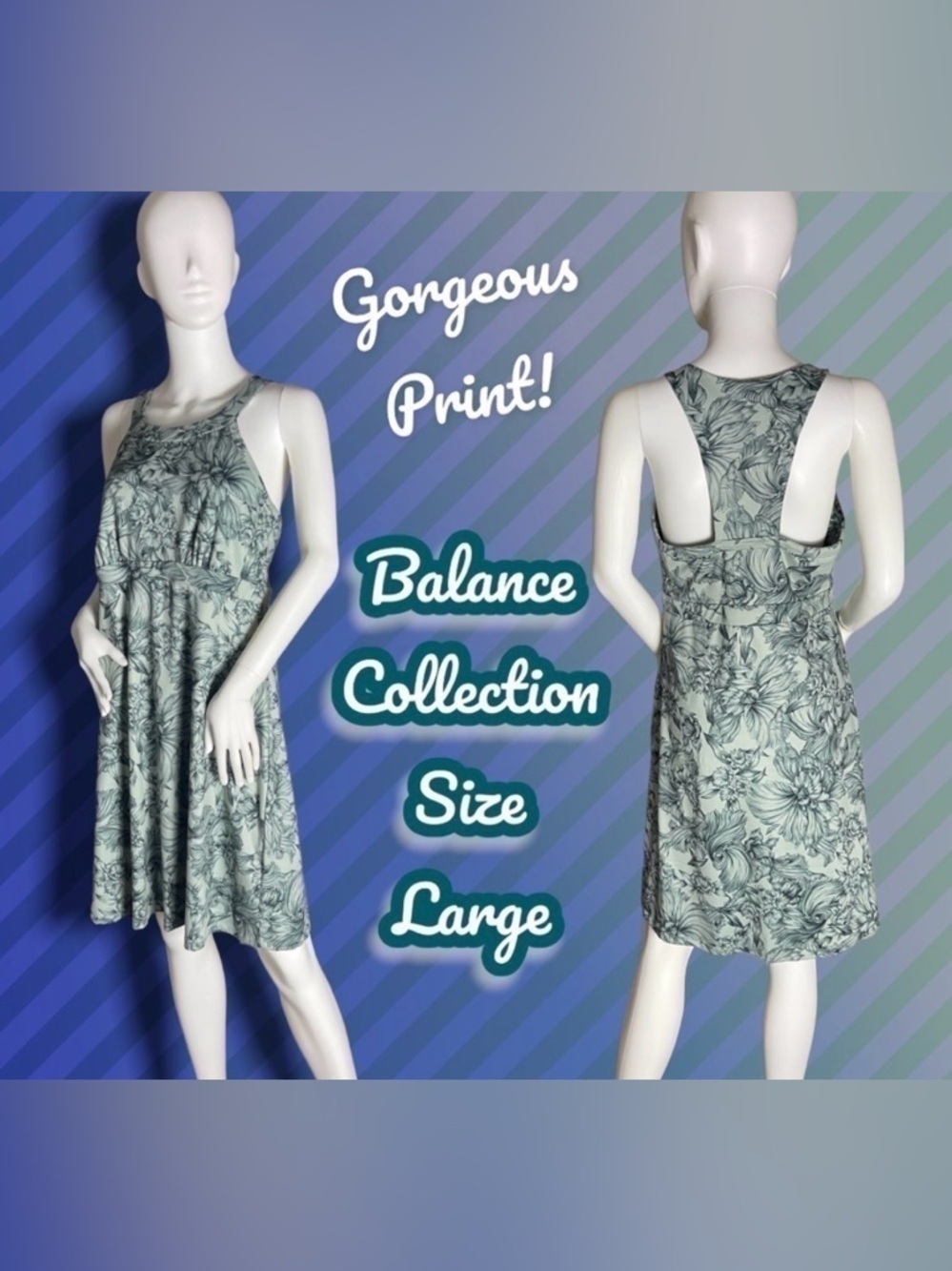 𝅺balance Collection Ornate Floral Sundress Size Large Mint Green and Teal EUC